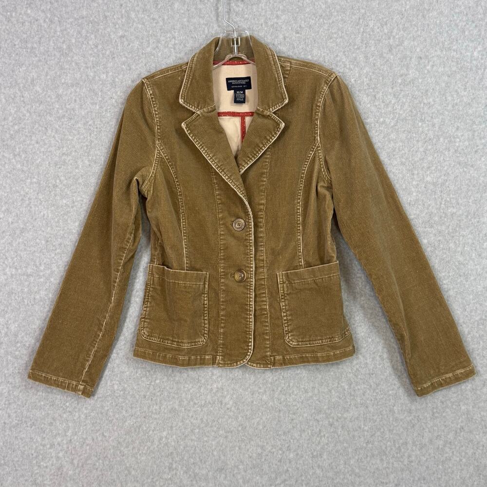 Vtg Y2K American Eagle AEO Corduroy Blazer Size M Preppy Equestrian Hipster Tan